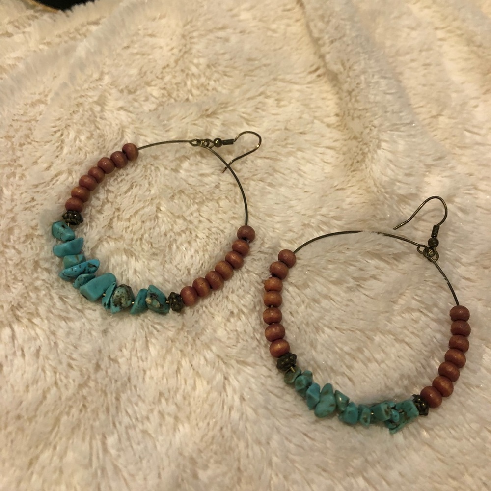 Hoop Earrings with Turquoise And Wooden Beads